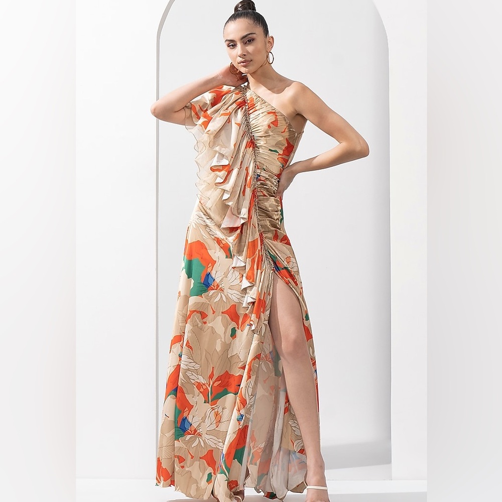 MANDIRA WIRK Mystic Orange Satin & Organza Printed Dress size 3x